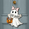 Stay Spooky Ghost Door Sign, Cute Halloween Wooden Hanger with Bow and Pumpkin Basket