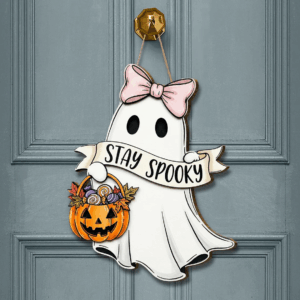 Stay Spooky Ghost Door Sign, Cute Halloween Wooden Hanger with Bow and Pumpkin Basket