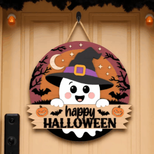 Halloween Door Hanger Cute Ghost Witch Sign with Happy Halloween Text
