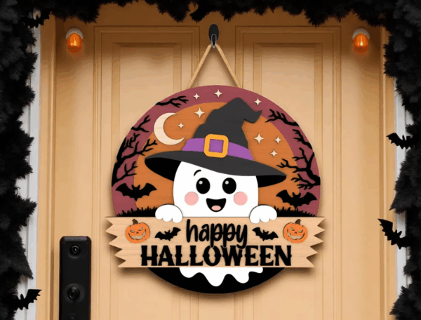 Halloween Door Hanger Cute Ghost Witch Sign with Happy Halloween Text