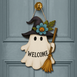 Halloween Ghost Welcome Sign, Cute Witch Door Hanger, Wooden Fall Decor