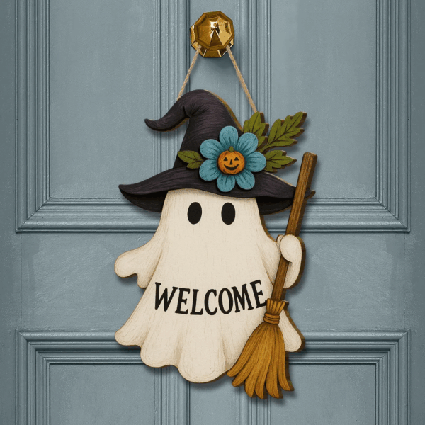Halloween Ghost Welcome Sign, Cute Witch Door Hanger, Wooden Fall Decor
