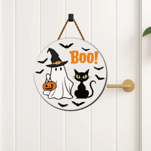 Cute Ghost Welcome Sign Round Halloween Door Hanger Funny Boo Porch Decor