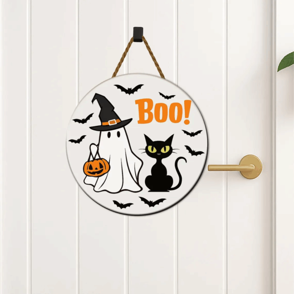 Cute Ghost Welcome Sign Round Halloween Door Hanger Funny Boo Porch Decor