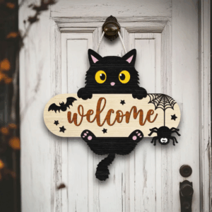 Black Cat Welcome Door Hanger Cute Halloween Wooden Sign