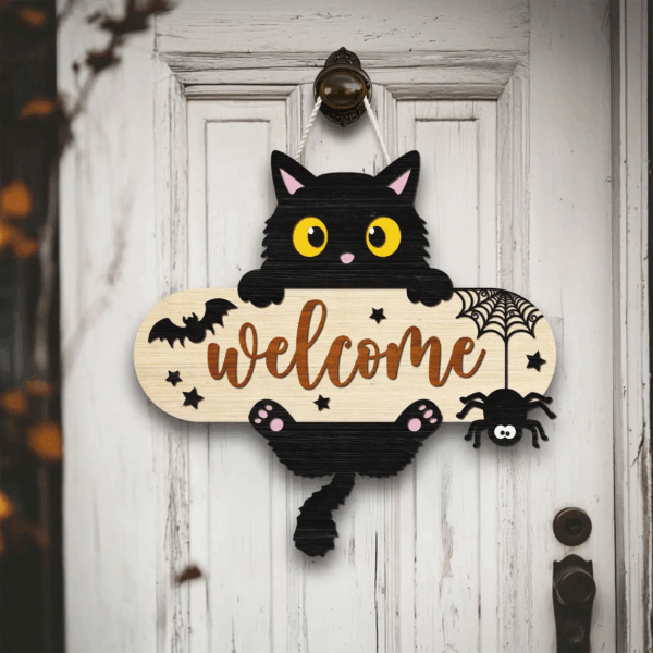 Black Cat Welcome Door Hanger Cute Halloween Wooden Sign