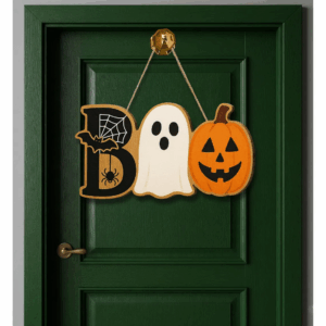 Boo Halloween Wooden Sign, Ghost Pumpkin Bat Door Hanger, Spooky Fall Decor, Front Door Sign