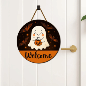 Cute Ghost Welcome Sign Round Halloween Door Hanger Trick or Treat Porch Decor Fall Wall Sign
