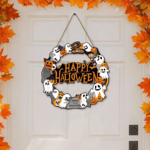 Halloween Door Wreath with Ghosts and Pumpkins Spooky Hanging Sign for Front Door or Wall