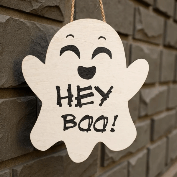 Personalized Ghost Door Hanger Hey Boo Halloween Wood Sign, Custom Front Door Decor