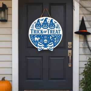 Wooden Halloween Door Sign Trick or Treat Round Porch Decor, Farmhouse Fall Front Door Decoration with Pumpkins