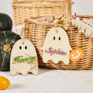 Personalized Ghost Halloween Basket Tag, Custom Wooden Name Tag with Pumkin or Spider, Boo Basket Name Tag for Kids and Trick or Treat Buckets