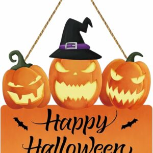 Halloween Door Decorations Scary Pumpkin Decor Wreath Happy Halloween Sign Wooden Front Door Hanger