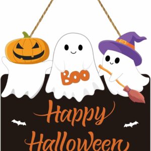Halloween Door Decorations Cute Ghost Decor Wreath Happy Halloween Sign Wooden Front Door Hanger Bat Ghost Hanging Sign