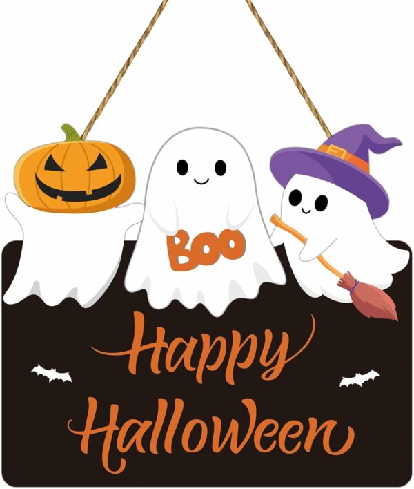 Halloween Door Decorations Cute Ghost Decor Wreath Happy Halloween Sign Wooden Front Door Hanger Bat Ghost Hanging Sign