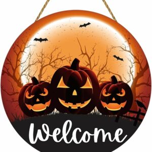 Halloween Door Decorations Scary Night Moon Pumpkin Halloween Wreath Welcome Sign Wooden