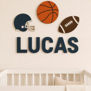 Custom Sports Theme Baby Name Sign, Personalized Wood Name Plaque For Boy Nursery, Wall Art Decor For Kids Room - Style 2