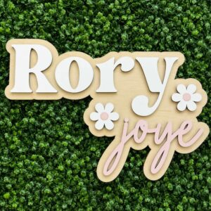 Personalized Baby Name Sign For Nursery Wall - Custom Wooden Name Cutout Decor, Wood Nameplate With Flowers, Baby Girl Shower Gift