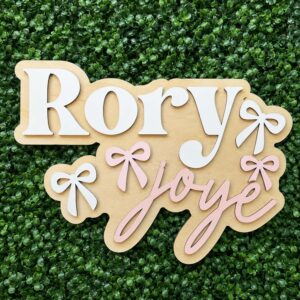 Personalized Baby Name Sign For Nursery Wall - Custom Wooden Name Decor, Wood Nameplate With Bows, Baby Girl Shower Gift