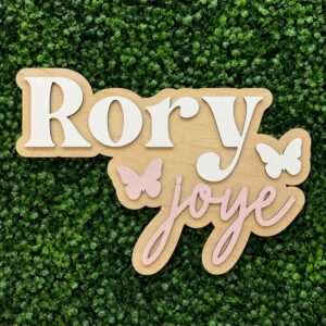 Personalized Baby Name Sign For Nursery Wall - Custom Wooden Name Decor, Wood Nameplate With Butterflies, Baby Girl Shower Gift