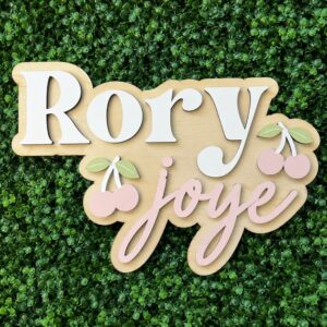 Personalized Baby Name Sign For Nursery Wall - Custom Wooden Name Decor, Wood Nameplate With Cherries, Baby Girl Shower Gift