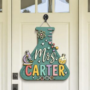 Personalized Science Teacher Name Sign For Classroom Door, Custom Wood Beaker Flask Decor, Chemistry Biology Laboratory Welcome Classroom Door Hanger
