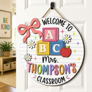 Personalized Teacher Name Sign For Classroom Door, Custom Wood Abc Blocks Sign Decor, Welcome To Classroom Door Hanger, Teacher Appreciation Gift