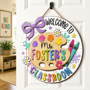 Personalized Teacher Name Sign For Classroom Door, Custom Wood Art Palette Sign Decor, Welcome To Classroom Door Hanger, Teacher Appreciation Gift