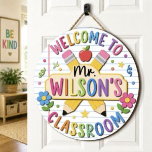 Personalized Teacher Name Sign For Classroom Door, Custom Wood Crossed Pencils Sign Decor, Welcome To Classroom Door Hanger, Teacher Appreciation Gift