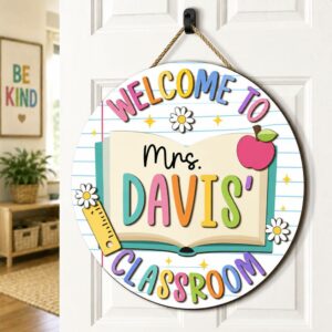 Personalized Teacher Name Sign For Classroom Door, Custom Wood Open Book Sign Decor, Welcome To Classroom Door Hanger, Teacher Appreciation Gift