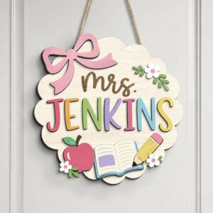 Personalized Teacher Name Sign For Classroom Door, Custom Wood Scalloped Cloud Sign Decor, Welcome To Classroom Door Hanger, Teacher Appreciation Gift