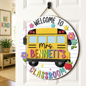 Personalized Teacher Name Sign For Classroom Door, Custom Wood School Bus Sign Decor, Welcome To Classroom Door Hanger, Teacher Appreciation Gift