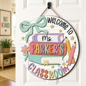 Personalized Teacher Name Sign For Classroom Door, Custom Wood Stacked Books Pencil Decor, Welcome To Classroom Door Hanger, Teacher Appreciation Gift