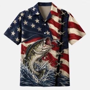 American Flag Fishing Hawaiian Shirt, Patriotic Fisherman Shirt, Bass Fishing Button Up, Usa Angler Gift, Fourth Of July Apparel - Style 1