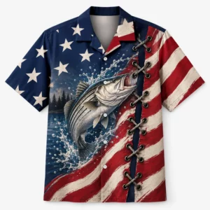American Flag Fishing Hawaiian Shirt, Patriotic Fisherman Shirt, Bass Fishing Button Up, Usa Angler Gift, Fourth Of July Apparel - Style 2