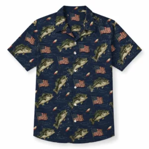 Bass Fishing Hawaiian Shirt, Patriotic American Flag, Shirt Men Women Summer Beach Button-Up - Style 1