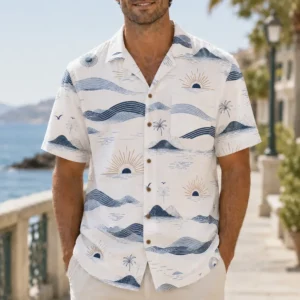 Coastal Hawaiian Shirt For Men Women, Ocean Wave Sunrise Aloha Button Down Shirt, Beach Vacation Resort Cruise Summer Casual Wear