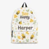 Custom Name Back To School Backpack For Boys Girls, Personalized Bee Happy Kids School Bag, Cute Bumble Bee Yellow Honeycomb Bag For Kindergarten