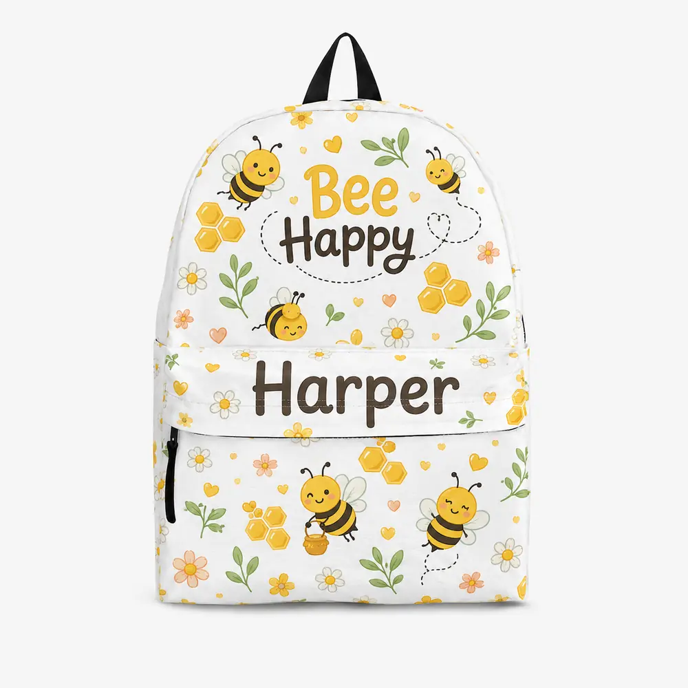 Custom Name Back To School Backpack For Boys Girls, Personalized Bee Happy Kids School Bag, Cute Bumble Bee Yellow Honeycomb Bag For Kindergarten