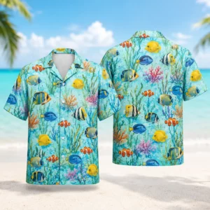 Fish Hawaiian Shirt For Men Women, Tropical Ocean Fish Print Aloha Button Down Shirt, Beach Vacation Summer Resort Cruise Casual Wear - Style 1
