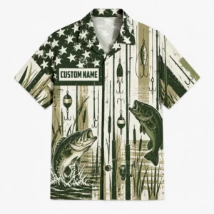 Fishing Hawaiian Shirt, Personalized American Flag Angler Shirt, Distressed Patriotic Outfit For Fishing Trip - Style 1