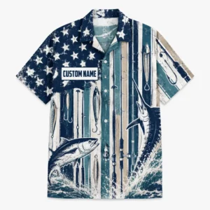 Fishing Hawaiian Shirt, Personalized American Flag Angler Shirt, Distressed Patriotic Outfit For Fishing Trip - Style 2
