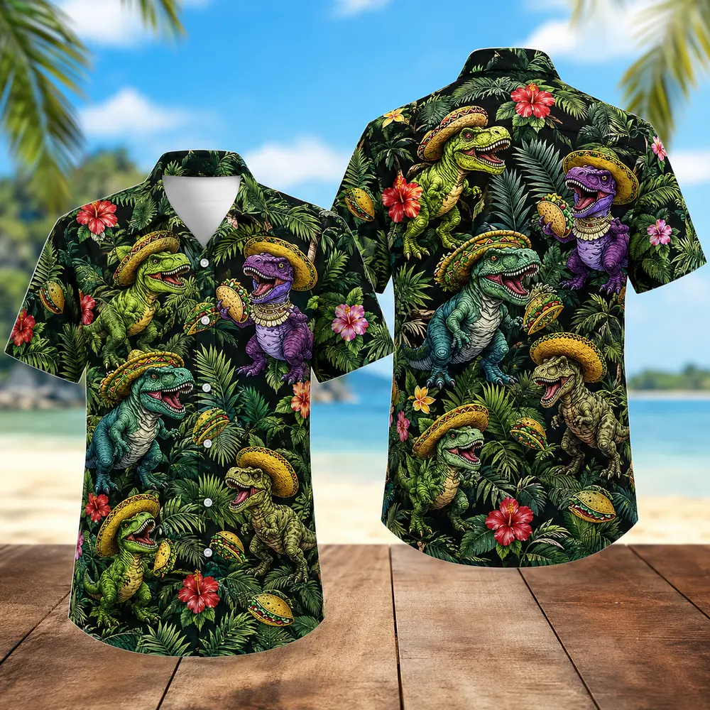 Hawaiian Shirt Funny Dinosaur Aloha Short Sleeve Summer Beach Vacation Tropical Button Down Shirt For Men And Women - View 2