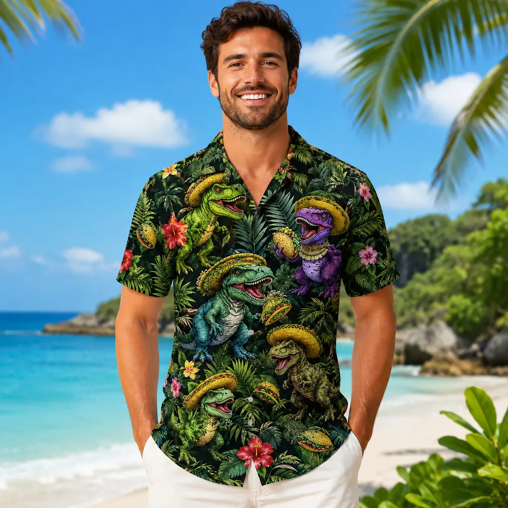 Hawaiian Shirt Funny Dinosaur Aloha Short Sleeve Summer Beach Vacation Tropical Button Down Shirt For Men And Women