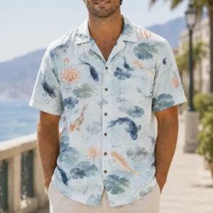 Koi Fish Hawaiian Shirt For Men Women, Lotus Water Lily Aloha Button Down Shirt, Beach Vacation Resort Cruise Summer Casual Wear