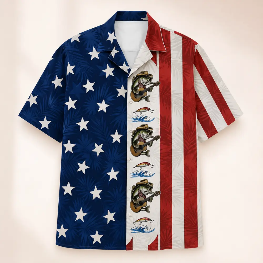 Patriotic Fish Hawaiian Shirt Unisex, Usa Flag Fishing Shirt Button Up, American Flag Bass Fish Shirt, 4Th Of July Gift - Style 2