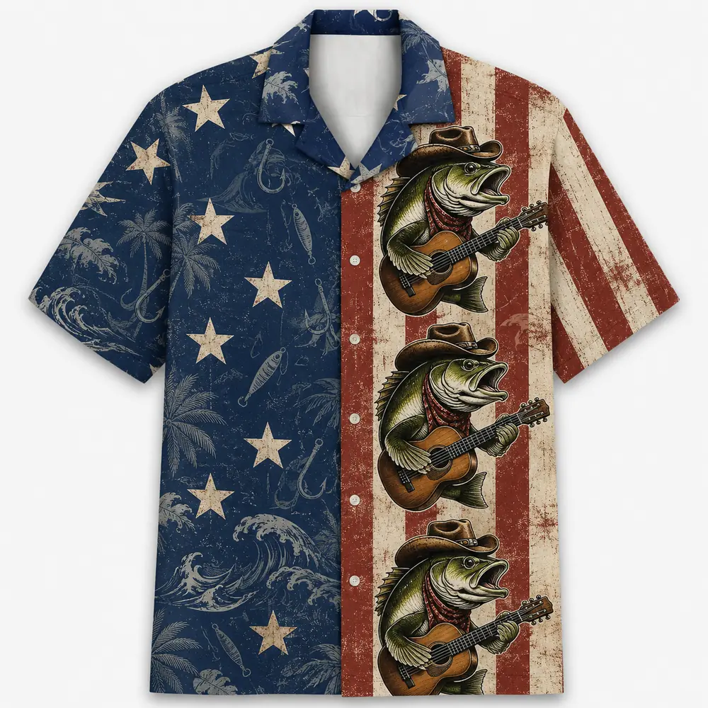 Patriotic Fish Hawaiian Shirt Unisex, Usa Flag Fishing Shirt Button Up, American Flag Bass Fish Shirt, 4Th Of July Gift - Style 3