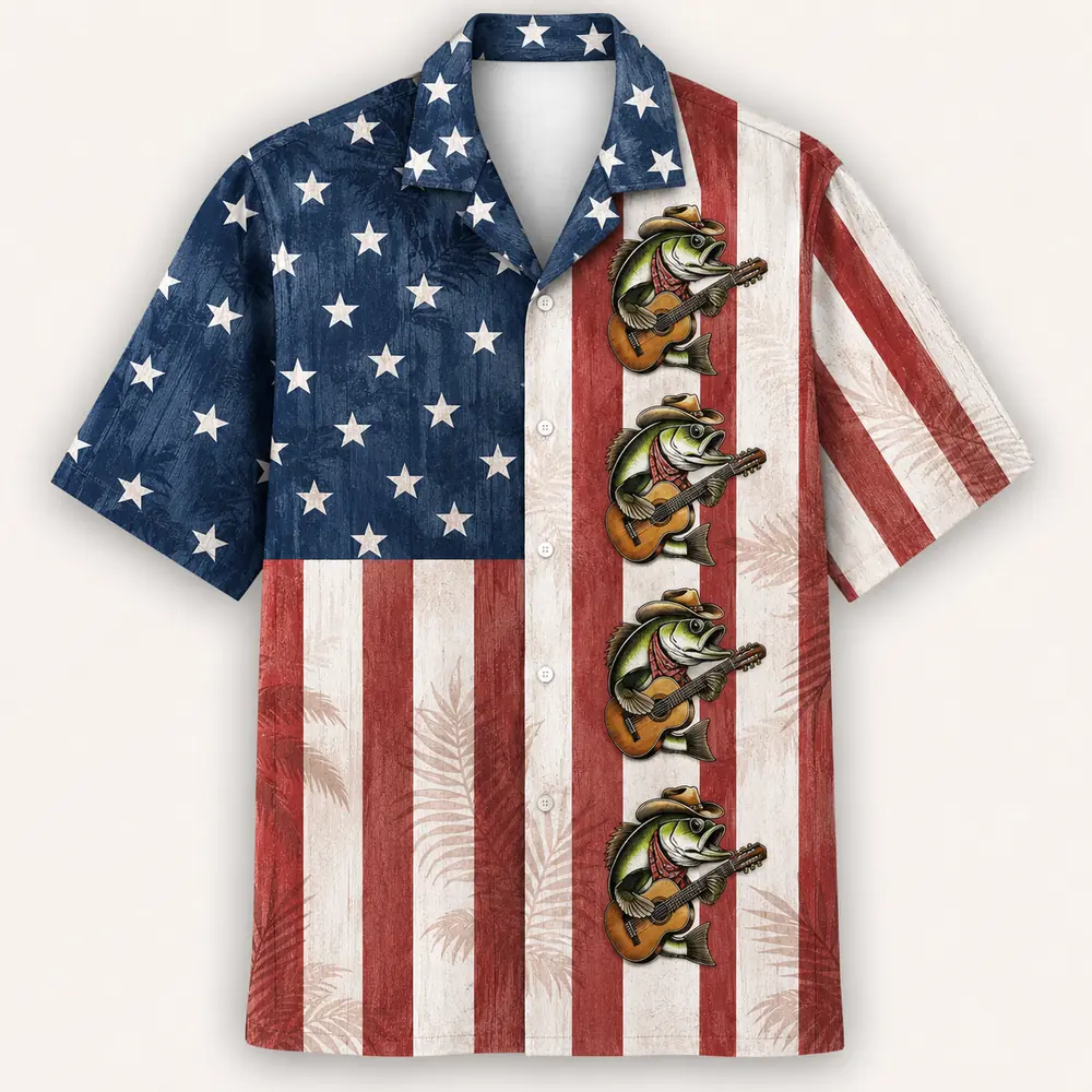 Patriotic Fish Hawaiian Shirt Unisex, Usa Flag Fishing Shirt Button Up, American Flag Bass Fish Shirt, 4Th Of July Gift - Style 4
