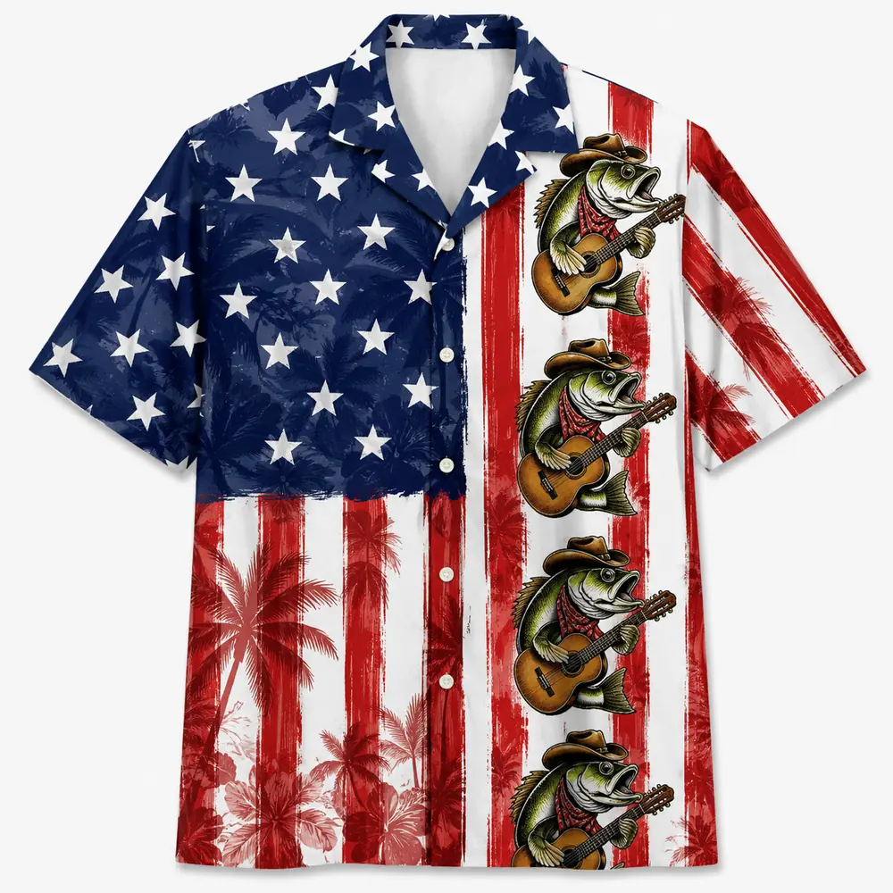 Patriotic Fish Hawaiian Shirt Unisex, Usa Flag Fishing Shirt Button Up, American Flag Bass Fish Shirt, 4Th Of July Gift - Style 5