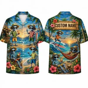 Personalized Alien Beach Vacation Hawaiian Shirt For Men And Women, Short Sleeve Funny Extraterrestrial Island Print, Custom Name Summer Button Down